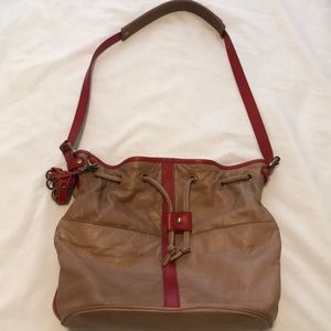 Anthropologie Tan Leather Bucket Bag w/Red Trim